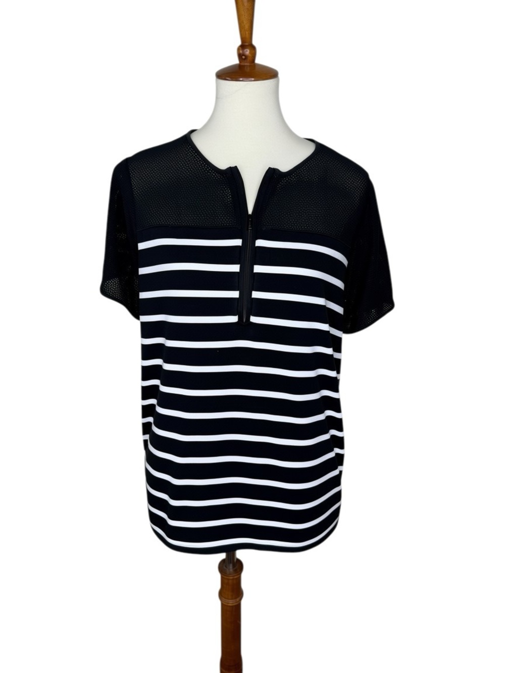Lauren Ralph Lauren 2X Cotton Blend Black White Striped Mesh Zip Neck Top